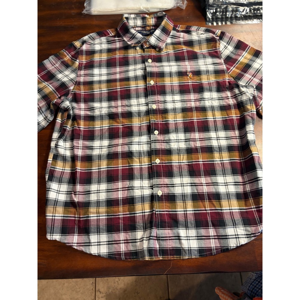 US Polo Assn Mens XL Short Sleeve Plaid Button Down Shirt Burgundy Yellow Navy